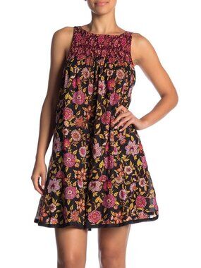 NEW Black Combo FREE PEOPLE Oh Baby Smocked Sleeveless Floral Mini Dress M NWT